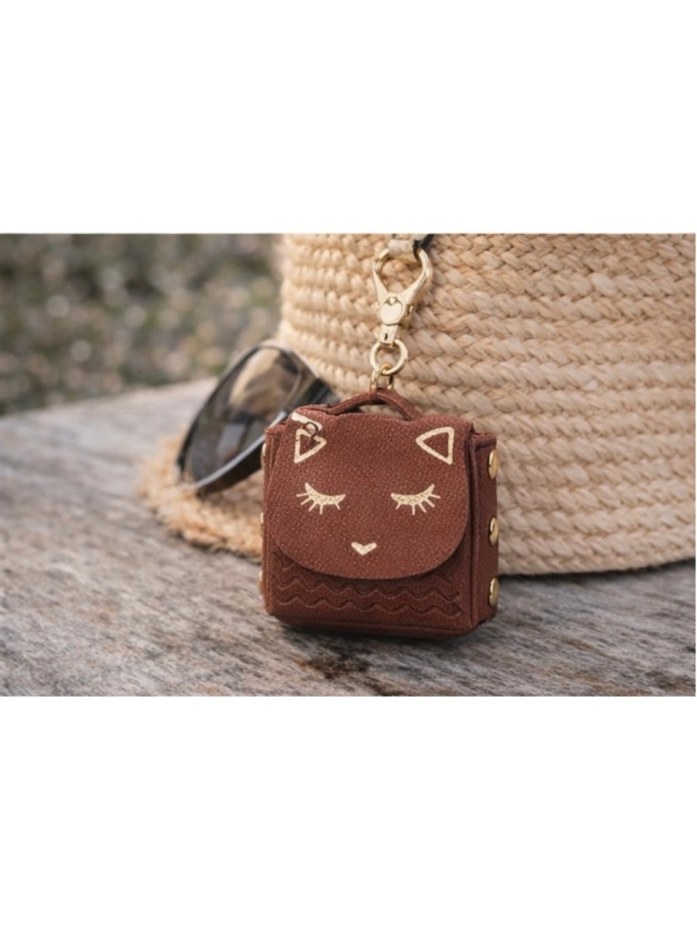 Brown Kitty Coin Pouch Earbud Case Gold Hardware